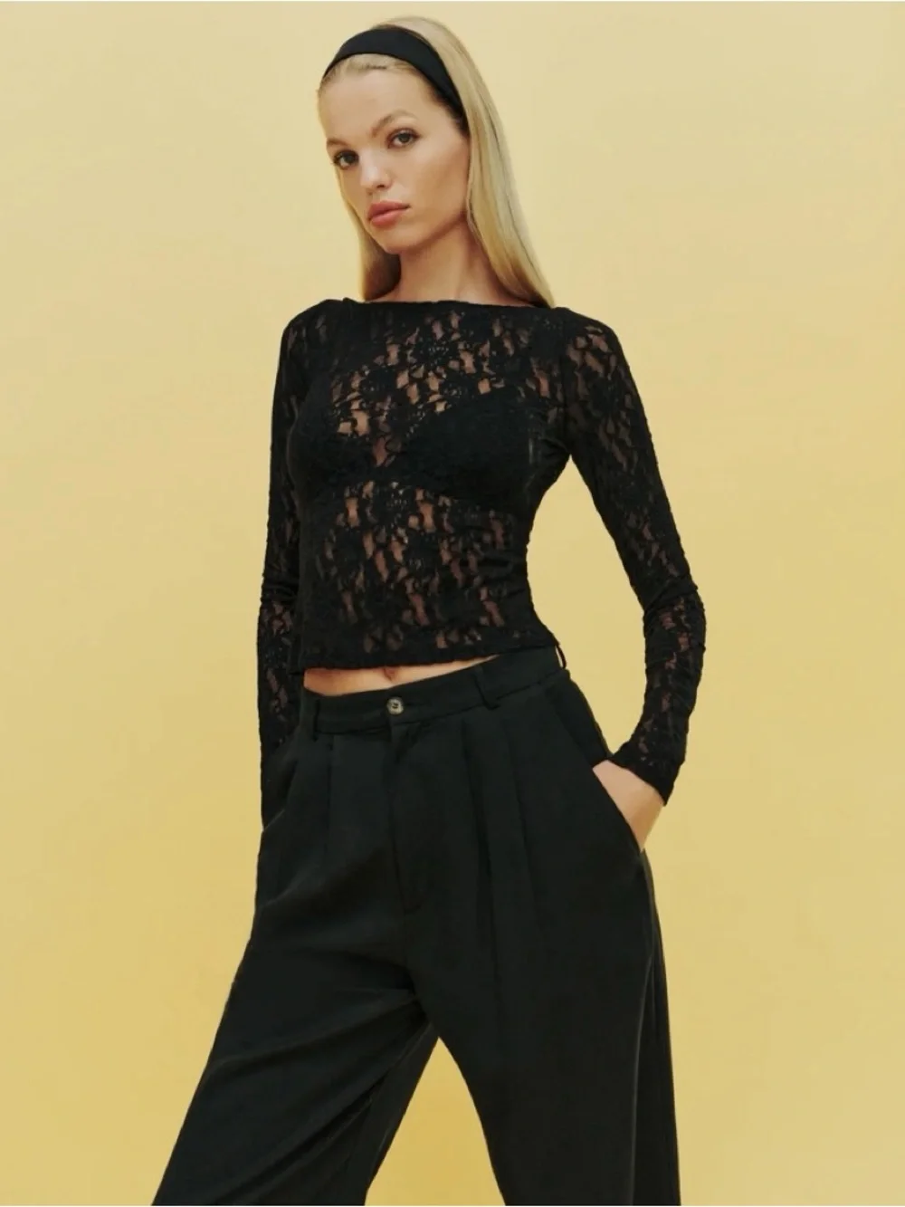REFORMATION Adriano Lace Knit Long Sleeve Top Sicilian Black Large